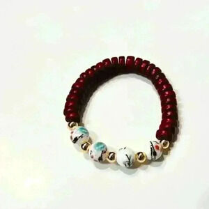 14K Gold-Filled Bracelet w/ Printed Glass Beads and Wooden Spacers